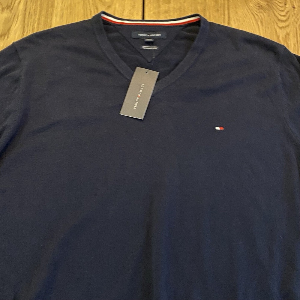 TOMMY HILFIGER Jumper Sweater NWT Men Size XL Premium Cotton V Neck Navy